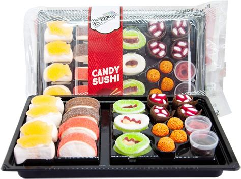 Raindrops Gummy Candy Sushi Bento Box with 6 Kinds of Sushi Rolls and Garnishes - 1 Tray with 21 ...