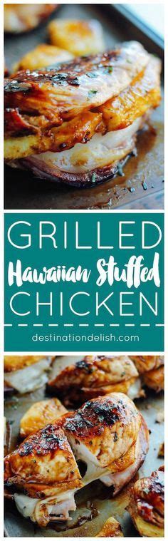 Grilled chicken breasts stuffed with ham, pineapple and provolone cheese and brushed with a ...