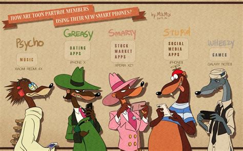 cartoon characters are standing in front of a wall with information about the different types of ...