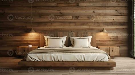 Interior design of modern bedroom with wooden bed against reclaimed barn wood paneling wall ...