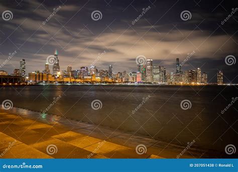 Chicago Skyline at Night. View from Adler Planetarium Stock Photo ...