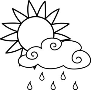 Clip Art Illustration Of A Bright Sun And A Rain Cloud In Black And White | Weather Clipart