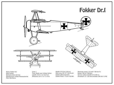 Red Baron Fokker Dr.1 - Airplane Blueprint. Drawing Plans for the WWI ...