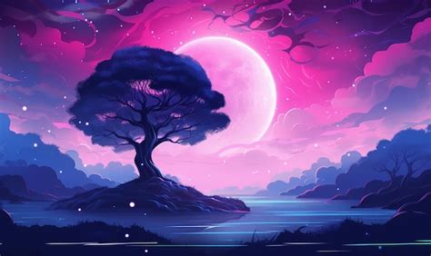 Premium Photo | A tree with a purple moon and the moon in the sky