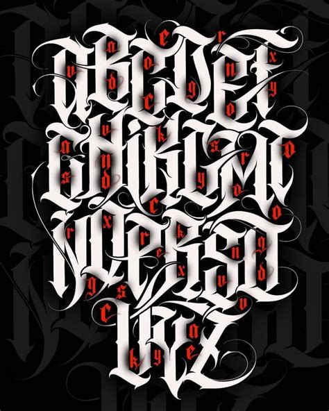 an artistic typeface with red and white lettering on black background, in the style of gothic