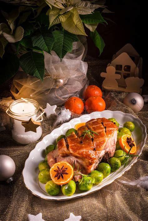 Christmas Dinner with Brussels Sprouts in Orange Sauce Stock Photo - Image of crust, garnish ...