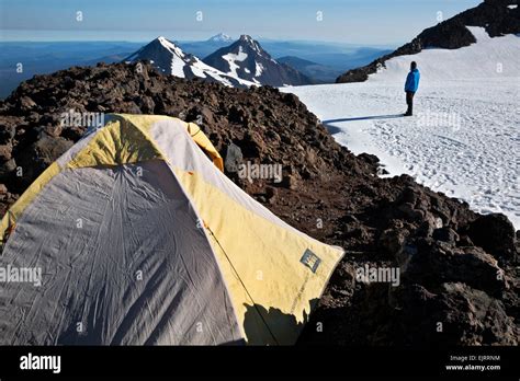 OREGON - Cascade Mountain range volcanoes ranging north from a campsite on South Sister's crater ...