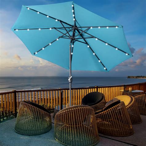 9Ft LED Lights Outdoor Solar Patio Umbrella for Deck, Pool w/ Tilt & Crank, 8 Ribs, Lake Blue ...