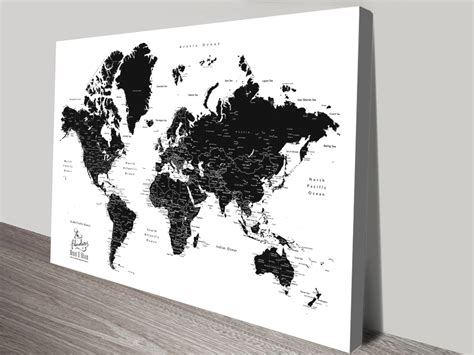 Buy a Black & White Framed World Map on Canvas | Pushpin Maps AU