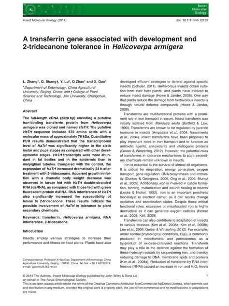 (PDF) A transferrin gene associated with development and 2-tridecanone tolerance in Helicoverpa ...