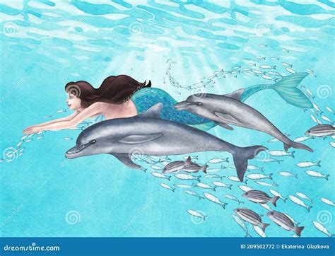 Watercolor Mermaid Swimming Under the Ocean Surface among the Dolphins and the School of Fish ...