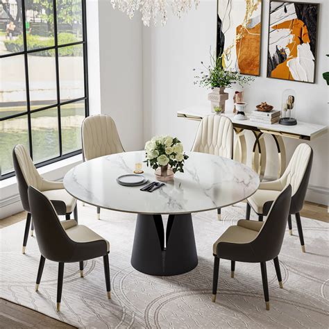 Buy Modern Round Dining Table, White Sintered Stone Tabletop Dining ...