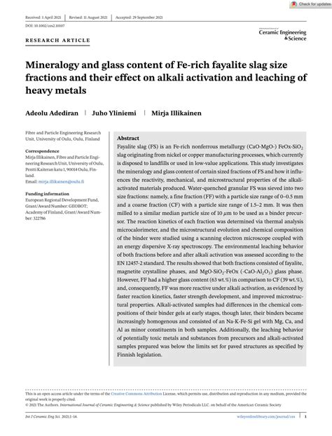 (PDF) Mineralogy and glass content of Fe‐rich fayalite slag size fractions and their effect on ...