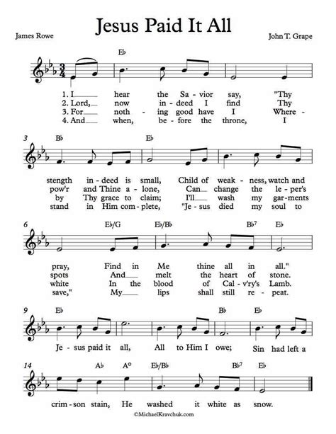 Free Lead Sheet - Jesus Paid It All by James Rowe and John T. Grape. Key of C, D, Eb, and F ...