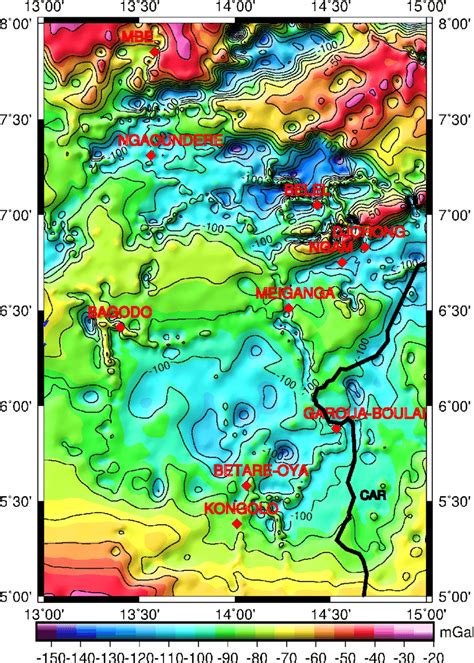 Bouguer anomaly map of the region obtained after densification of... | Download Scientific Diagram