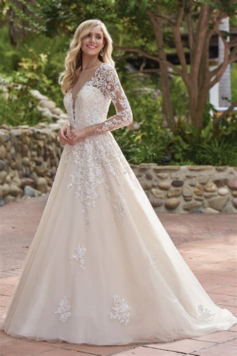 F211016 Rustic Embroidered Lace Wedding Dress with Illusion Neckline