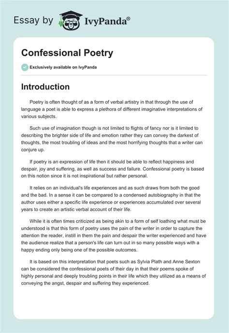 Confessional Poetry - 1137 Words | Essay Example