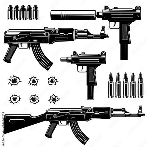 Set of illustrations of weapon.Uzi submachine gun, ak-47. Design element for logo, label, sign ...