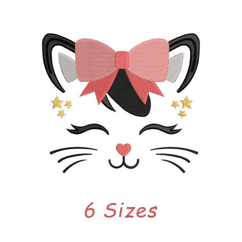 Cute Bow Cat Face With Stars Machine Embroidery File 6 Size - Etsy