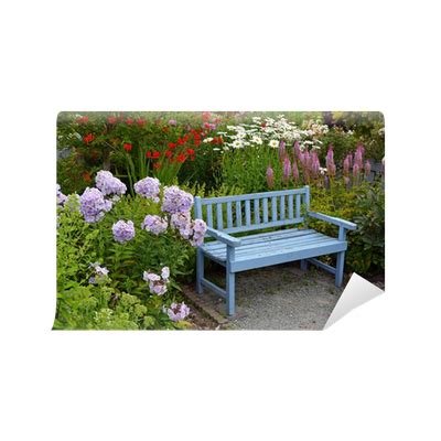 Wall Mural Blue wooden garden bench - PIXERS.UK
