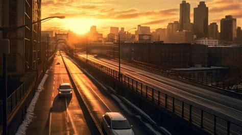 Premium AI Image | a highway with a sunset in the background