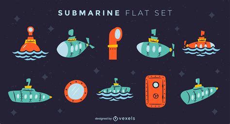 Submarine Flat Set Of Elements Vector Download