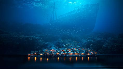 underwater, Ship, Shipwreck, Abyss, Fish, Sea, Town, Night, Fantasy art, Photo manipulation ...