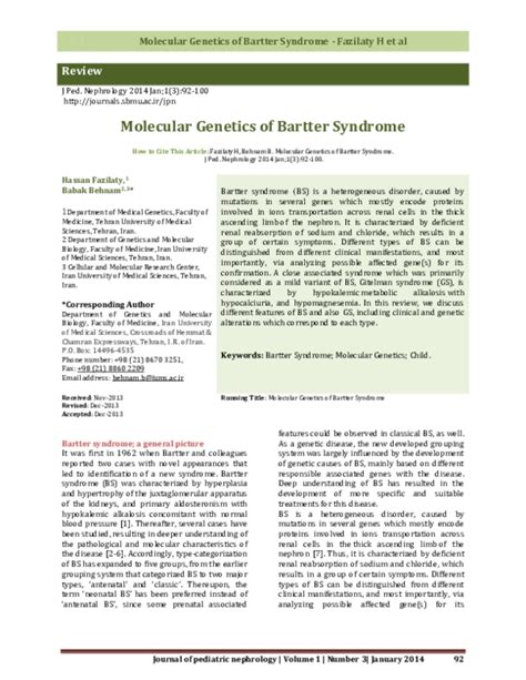 (PDF) Molecular Genetics of Bartter Syndrome | Hassan Fazilaty ...