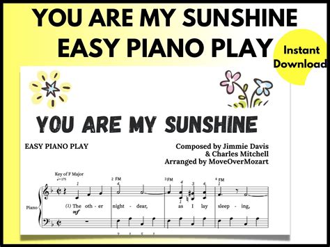 You Are My Sunshine Piano Sheet Music Instant DIGITAL MUSIC DOWNLOAD Beginner Piano/adult Piano ...