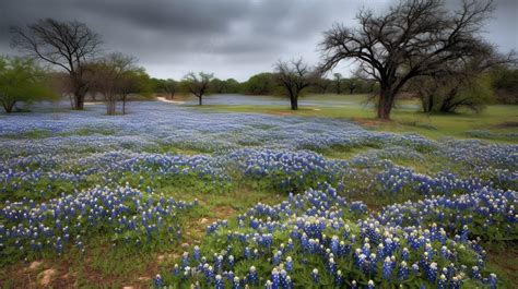 Beautiful Bluebonnet Field Along Trees Under Heavy Grey Clouds ...