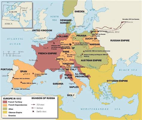 Europe 1812 during peak of Napoleonic Empire and showing major battles of Napoleonic wars ...