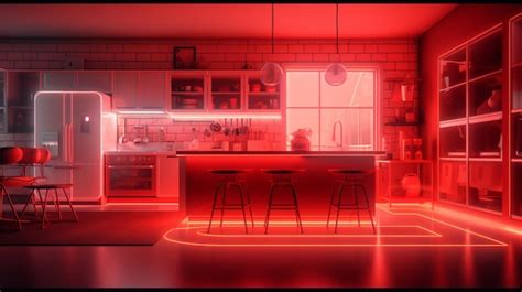 Premium AI Image | Red lighting modern farmhouse kitchen and living ...