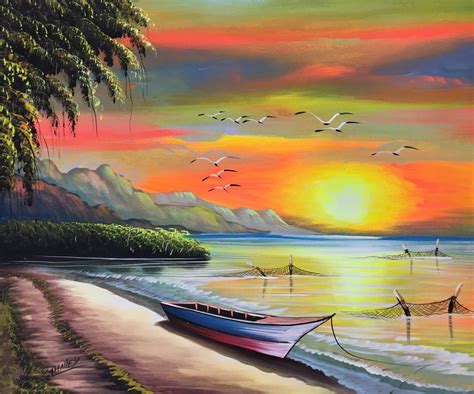 Sunset Beach Painting Oil on Canvas Haitian Art Dominican - Etsy