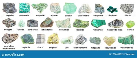 Set of Various Green Rough Minerals with Names Stock Photo - Image of ...