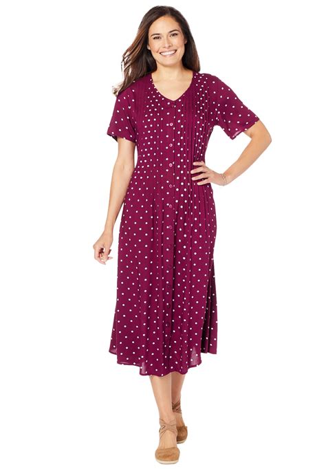 Woman Within Women's Plus Size Short-Sleeve Button-Front Dress - 34 W, Deep Claret Polka Dot Red ...