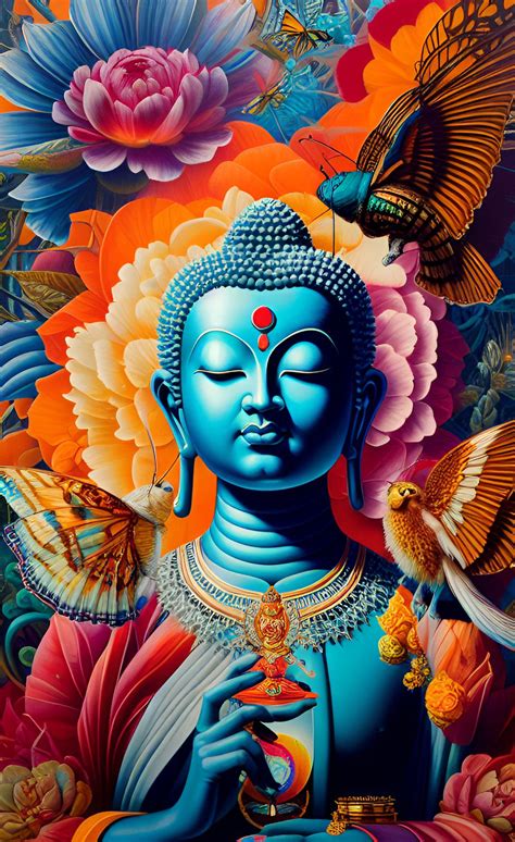 a painting of buddha surrounded by flowers and butterflies