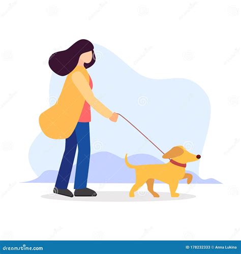 Pet Sitting. Woman with Dog on Leash. Pet Owner. Obedient Animal Stock Vector - Illustration of ...