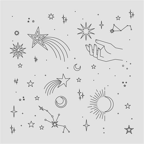 Astral stars linear icons. Mystic symbols, hands, planets, suns and moons. 13789822 Vector Art ...