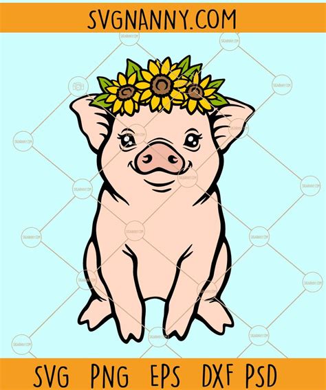 Pig With Sunflower svg, Cute pig svg, Pig svg, sunflower svg, Pig With Flowers svg, Pig Flowers ...