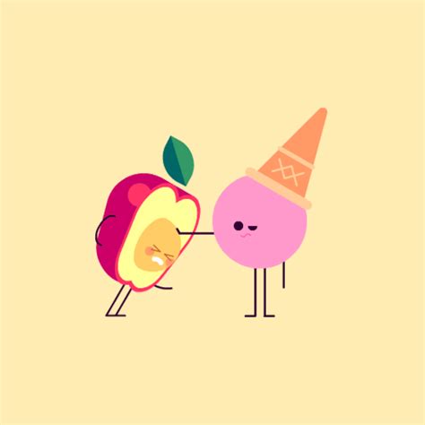 two fruits with faces and arms, one has an ice cream cone on its head