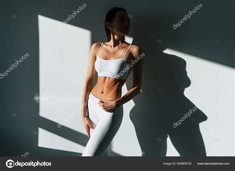 Beautiful Lighting Young Caucasian Woman Slim Body Shape Indoors ...