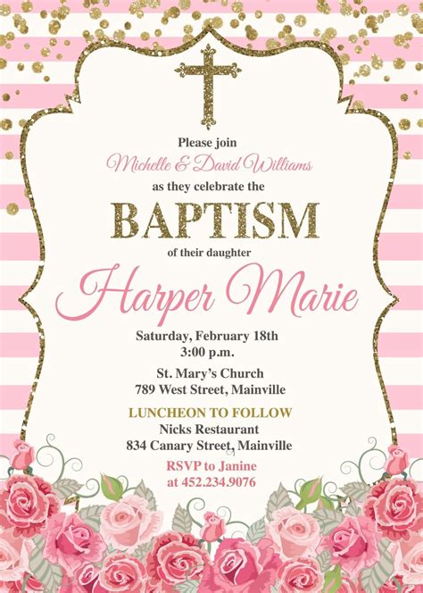 Baptism Invitation, Pink, Gold, Girl, Floral, First Communion ...