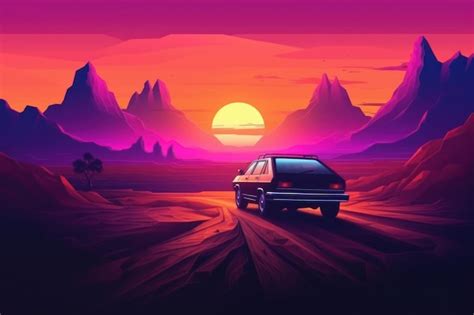 Premium AI Image | Retro landscape car pink color Generate AI
