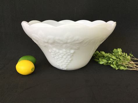 Anchor Hocking Milk Glass Harvest Grape Pattern Salad/punch Bowl With Pedestal and 18 Matching ...