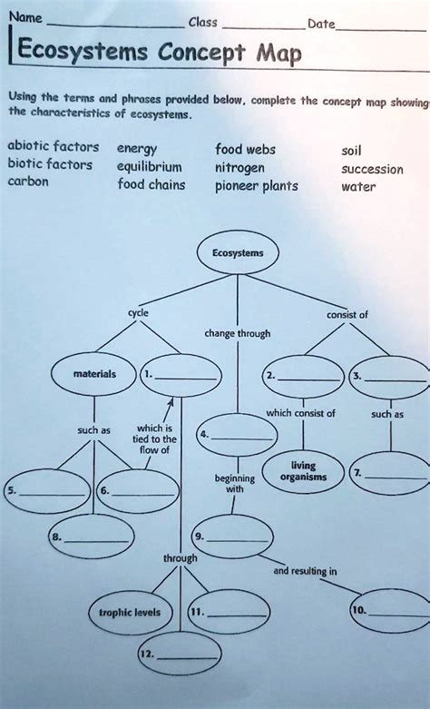 SOLVED: Name: Class: Date: Ecosystems Concept Map Using the terms and phrases provided below ...