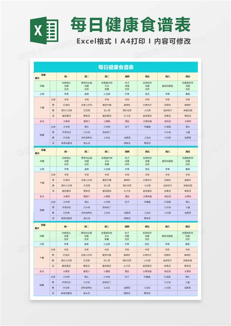 每日健康食谱表Excel模板下载_熊猫办公