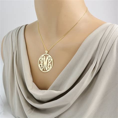 10k or 14k Solid Gold 3 Initials Large 1.5 Inches Circle Monogram Pendant Necklace Personalized ...