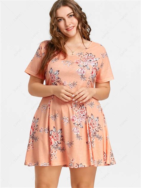 [35% OFF] 2021 Floral Plus Size Swing Dress In ORANGEPINK | ZAFUL