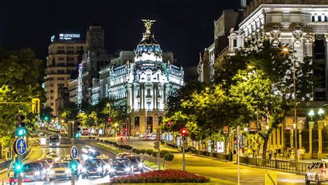 MADRID - 4TH JUNE - Night Time Lapse Of Madrid Skyline, Showing Cars Driving Past The Edificio ...