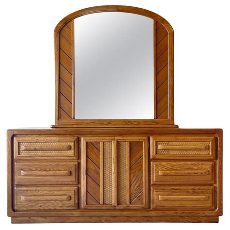 Raliegh Road Oak and Wicker Paneled Dresser with Mirror, 9 Drawers at 1stDibs | wicker dresser ...